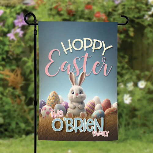 Custom Happy Easter Garden Flag is personalized with family last name and shows a picture of a cute bunny and easter eggs