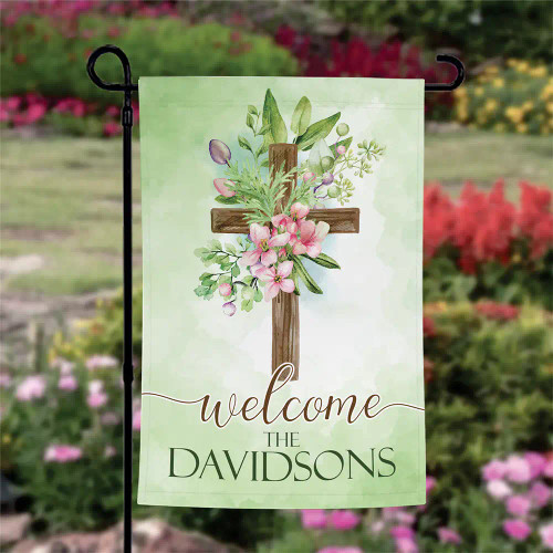 Beautiful, personalized Easter garden flag features a picture of a cross and has family's last name
