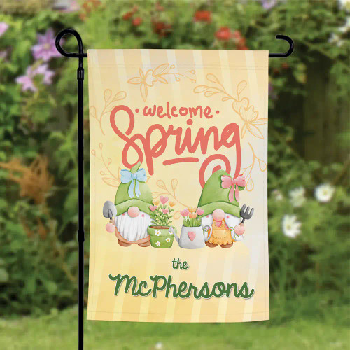 Welcome Spring House Flag features cute gnome graphic and is personalized with family last name