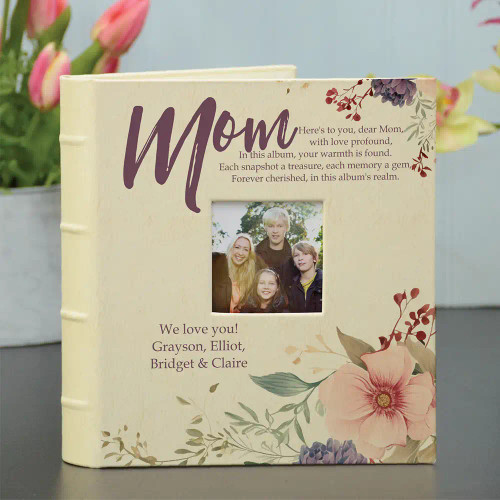 Personalized photo album for mom has a verse at the top and is personalized with a short message.