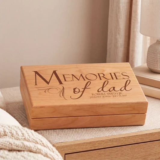 Memories of Dad alder wood memorial keepsake box, felt lined, personalized to honor a beloved father