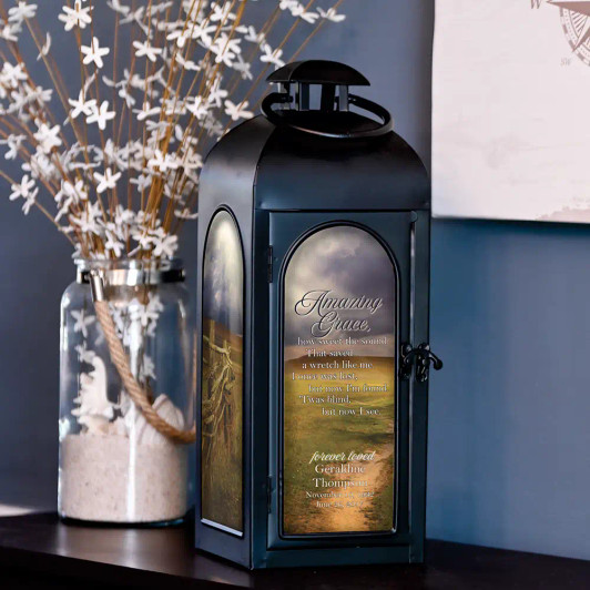 Amazing Grace Personalized memorial lantern features name and dates of loved one