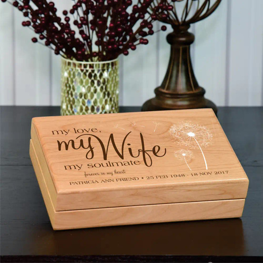 My Wife alder wood memorial keepsake box, felt lined, a personalized tribute for the loss of a wife