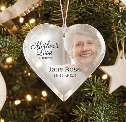 Personalized Mother's Love is Forever glass heart memorial ornament with photo, name, and dates
