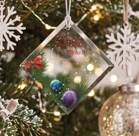 Personalized Merry Christmas in Heaven glass memorial ornament engraved with name and dates