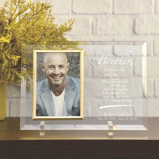 Brother memorial glass picture frame etched with a heartfelt sibling verse, personalized with name and dates