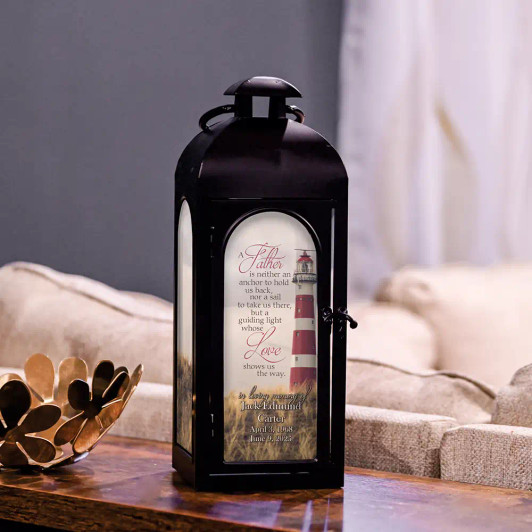 My Father, My Guide memorial lantern is personalized with dad's name and dates My Father, My Guide memorial lantern is personalized with dad's name and dates