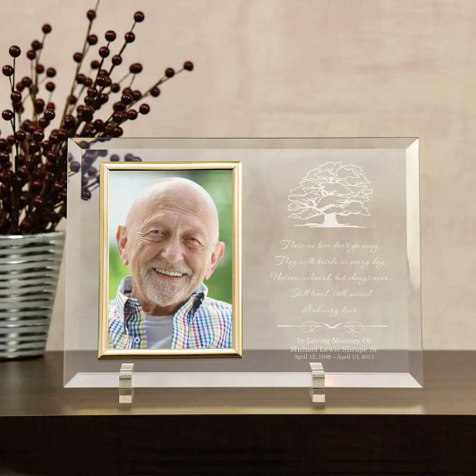 Beside Us personalized memorial glass picture frame with comforting poem, holds a 4x6 photo, personalized with name and dates