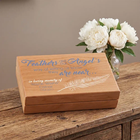 An Angel Feather memorial keepsake box with feather verse, felt lined, personalized with name and dates