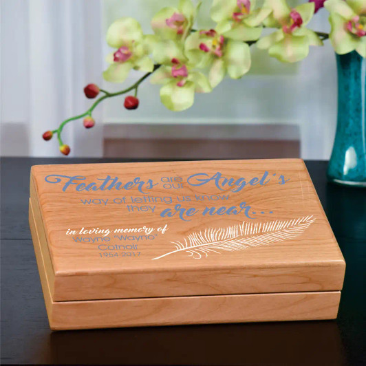 An Angel Feather memorial keepsake box with feather verse, felt lined, personalized with name and dates