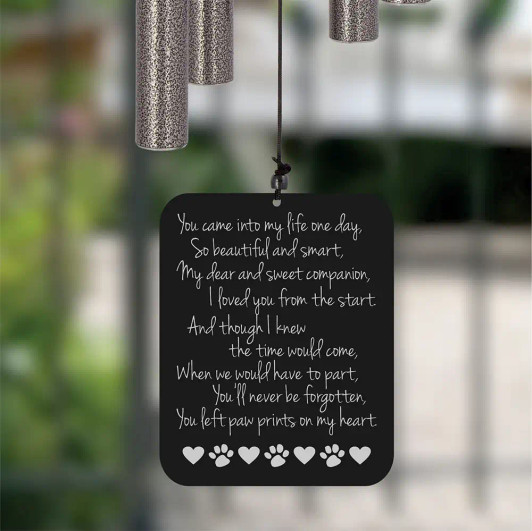 Faithful Companion Wind Chime sail engraved with heartfelt pet poem "You left paw prints on my heart"