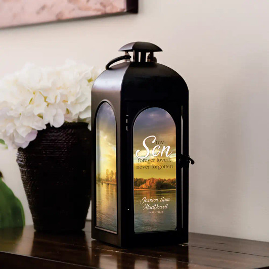 My Son memorial lantern is personalized with his name and dates My Son memorial lantern is personalized with his name and dates