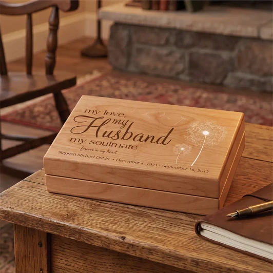 My Husband alder wood memorial keepsake box, felt lined, a personalized tribute for the loss of a husband