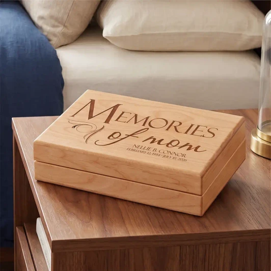 Memories of Mom alder wood memorial keepsake box, felt lined, a tribute for the loss of a mother