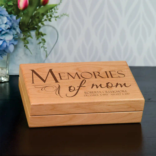 Memories of Mom alder wood memorial keepsake box, felt lined, a tribute for the loss of a mother