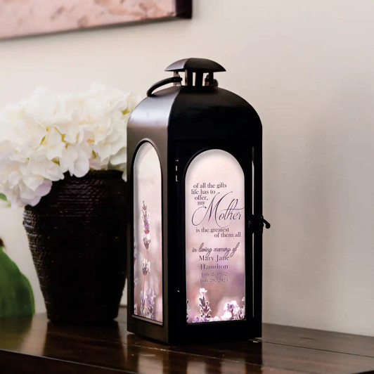 Greatest Gift memorial lantern for loss of mother personalized with her name and dates