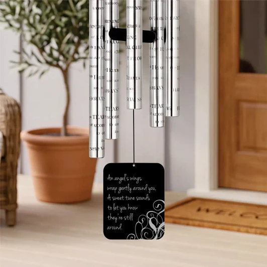 Wrapped in Angel's Wings Chime sail engraved with angel wings design and memorial verse — personalized with name and dates