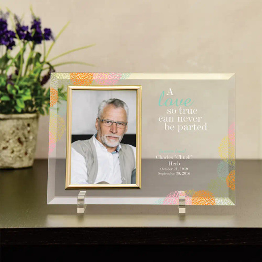 Love So True spouse memorial glass frame with chrysanthemum design and 'a love so true can never be parted' verse, personalized with name and dates