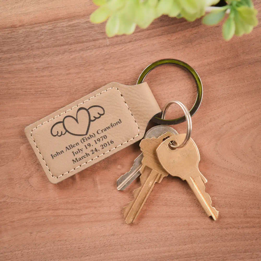 In My Heart Key Chain in Light Brown, personalized with loved one's name and dates
