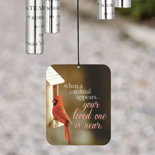 Cardinals Memorial Wind Chime sail featuring full-color cardinal artwork and memorial verse — personalized with name and dates