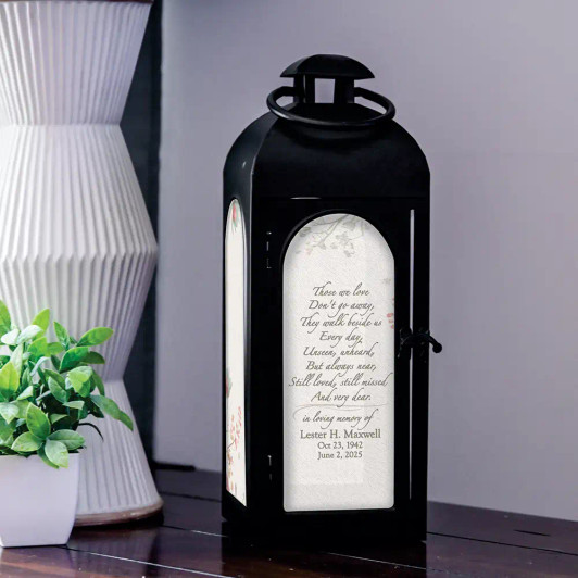 Those We Love memorial lantern is personalized with love one's name and dates Those We Love memorial lantern is personalized with love one's name and dates
