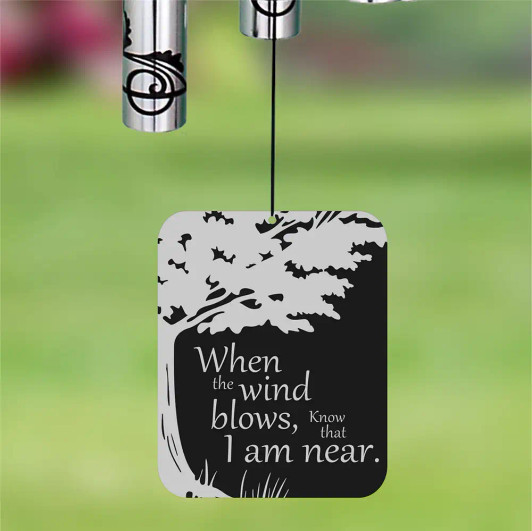 I Am Near Wind Chime sail featuring Remember Me Gifts' trademarked verse "When the wind blows, know that I am near" — personalized with name and dates