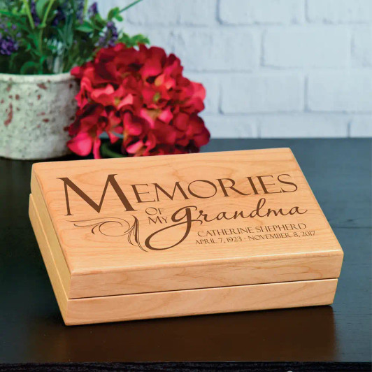 Memories of Grandma alder wood keepsake box, felt lined, engraved lid, for the loss of a grandmother