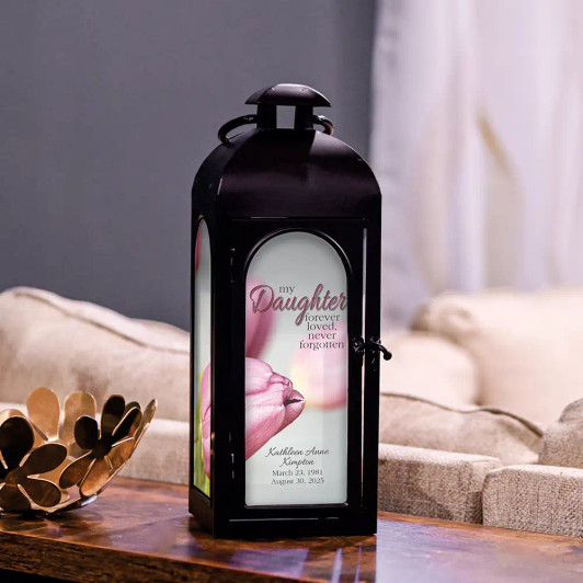 My Daughter personalized memorial lantern is personalized with her name and dates