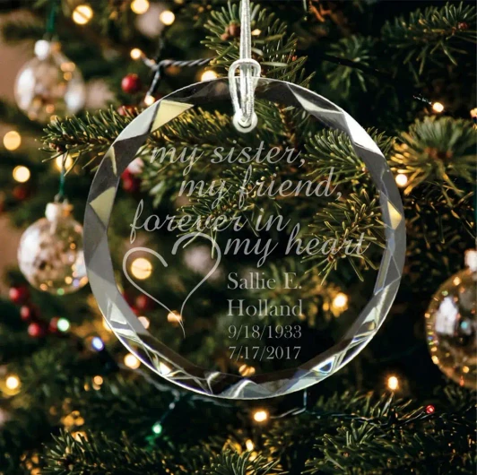 Personalized My Sister My Friend glass memorial ornament engraved with name and dates