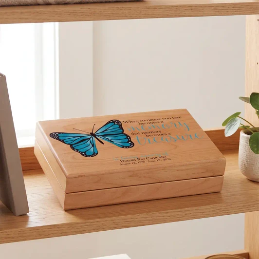 Treasured Memories alder wood memorial keepsake box, felt lined, personalized with name and dates