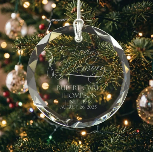 Personalized In Memory Of glass memorial ornament engraved with name and dates