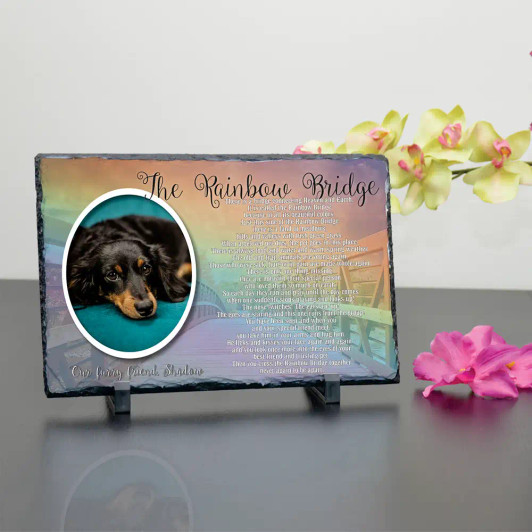 Rainbow Bridge pet memorial slate plaque with the Rainbow Bridge poem and space for a photo