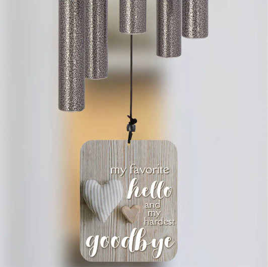 Hardest Goodbye Wind Chime sail engraved with "My Favorite Hello and My Hardest Goodbye" — pet memorial keepsake