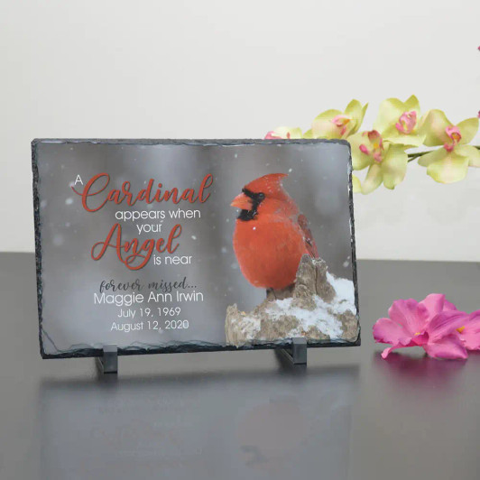 Personalized Cardinal slate memorial plaque with cardinal design, a tribute for a loved one