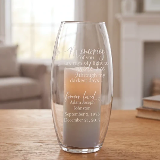 Memories of You memorial hurricane vase candle holder, personalized with name and dates