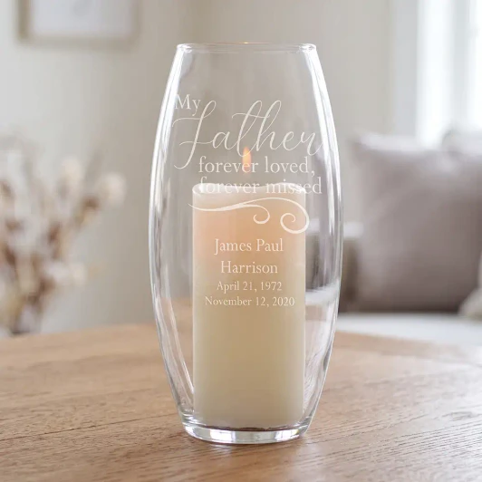 My Father memorial glass hurricane, personalized with his name and dates