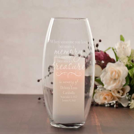 Memory is a Treasure memorial glass hurricane with 6-inch LED candle, personalized with name and dates