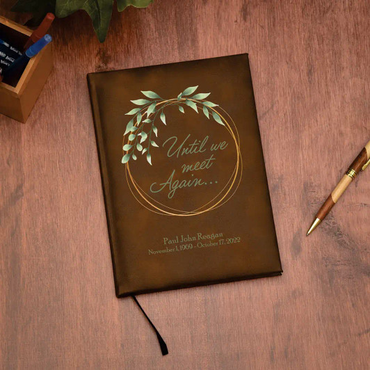 Until We Meet Again personalized memorial journal in rustic brown