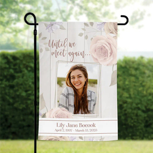 Until We Meet Again memorial garden flag with serene design, personalized with a loved one's name and dates