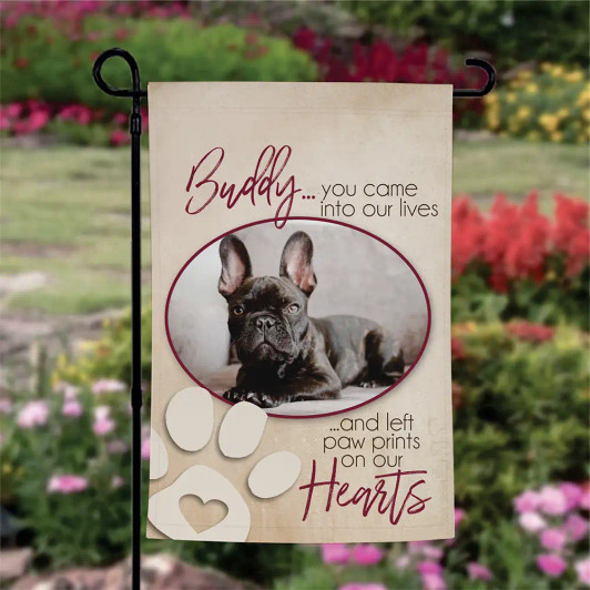 Paw Prints memorial garden flag for a dog, personalized with your pet's name and picture