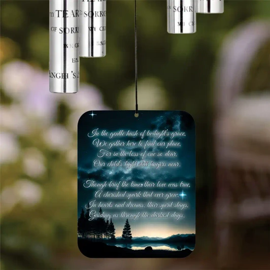 A Child's Light Memorial Chime sail featuring poem "A child's light still lingers near" — personalized with child's name and dates