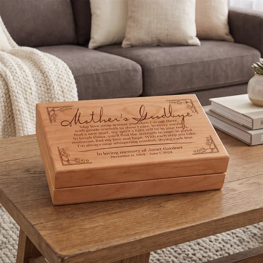 Mother's Goodbye alder wood keepsake box with engraved poem, felt lined, personalized for the loss of a mother