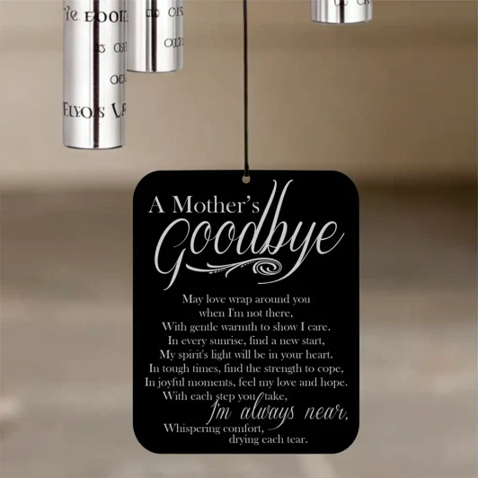 Mother's Goodbye Angel Chime sail featuring poem "May love wrap around you when I'm not there" — personalized with mother's name and dates