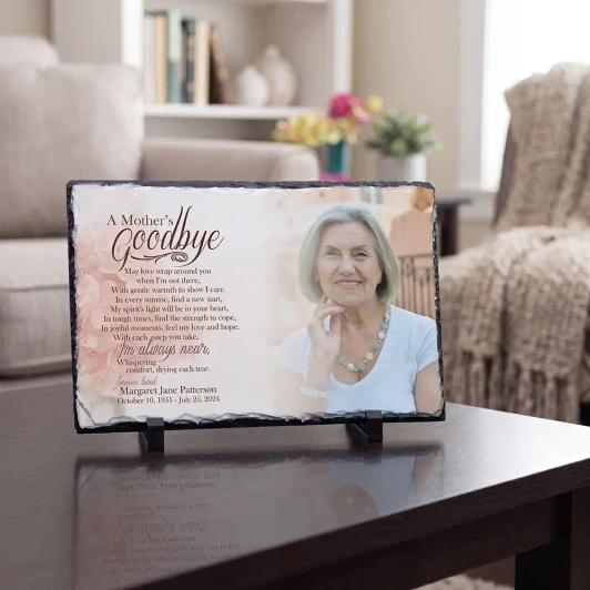A Mother's Goodbye slate photo plaque with poem, personalized with mom's image, name, and dates