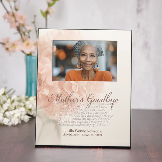 A Mother's Goodbye memorial picture frame with full-color design and poem, personalized with her name and dates