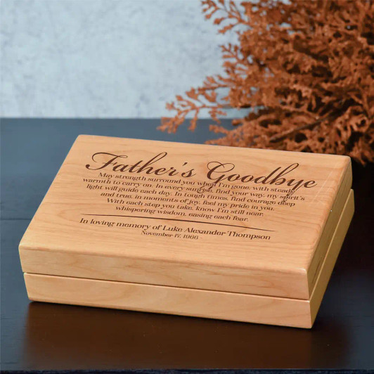 Father's Goodbye alder wood keepsake box with engraved poem, felt lined, personalized for the loss of a father