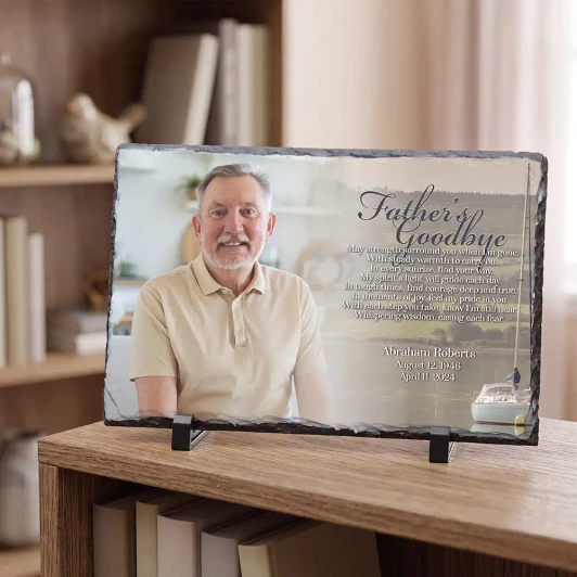 Father's Goodbye slate photo plaque with poem, personalized with dad's picture, name, and dates