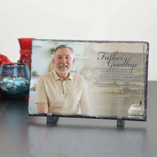 Father's Goodbye slate photo plaque with poem, personalized with dad's picture, name, and dates