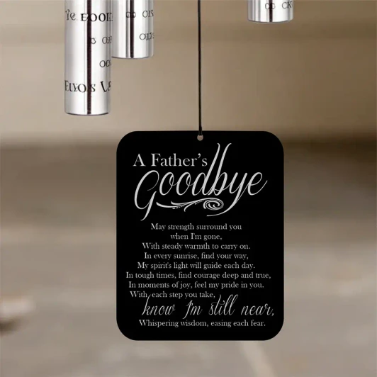 A Father's Goodbye Angel Chime sail featuring poem "May strength surround you when I'm gone" — personalized with father's name and dates