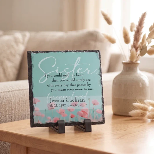 Sister Remembered Memorial plaque features short verse and is personalized with her name and dates.